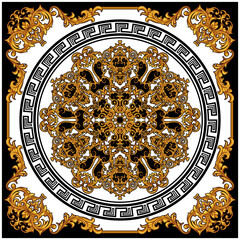Beautiful design of silk scarf with traditional Baroque elements and meander pattern
