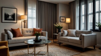 Fototapeta premium Interior of light living room with grey sofas, coffee table and large window