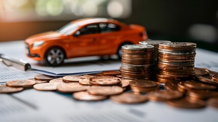 Stacked Coins on Loan Papers for Buying a Car
