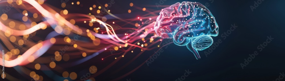 Poster futuristic digital brain with neural connections and glowing lines, representing artificial intellig