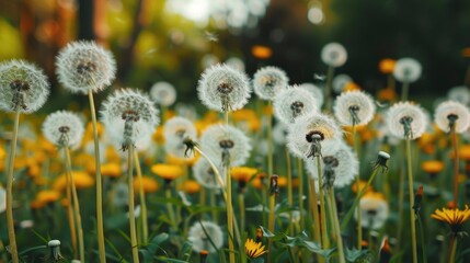 Dandelions bloom in the garden