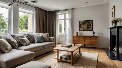 Fototapeta premium Interior of light living room with grey sofas, coffee table and large window