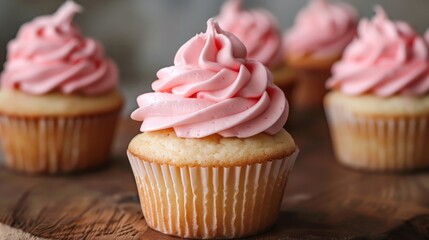 Cupcakes with a pink hue displayed on a wooden surface