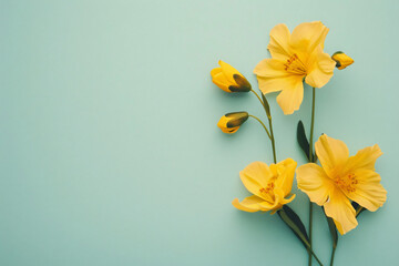 Fototapeta premium Minimalistic spring yellow flowers on a pastel background, in a flat lay composition for international women's day concept with copy space.
