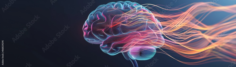 Poster illustration of a brain with colorful neural connections implying artificial intelligence, neural ne