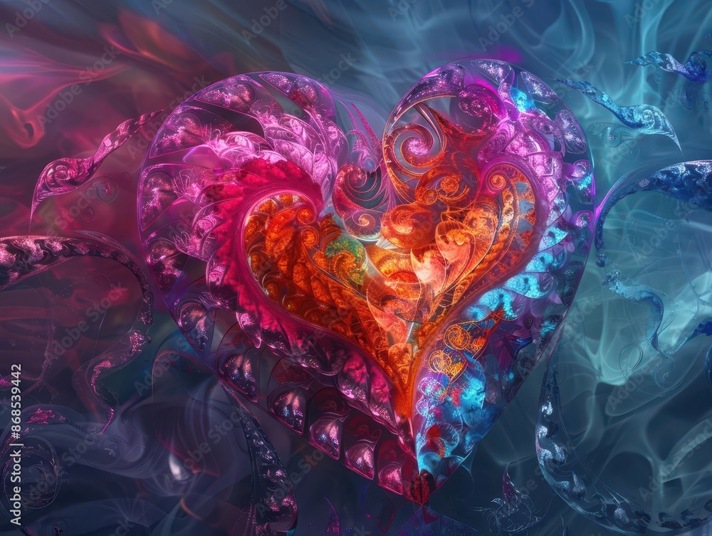 Wall mural abstract fractal heart design in vibrant colors intricate patterns swirling and intertwining to crea