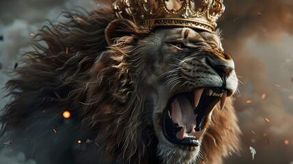 A majestic lion wearing a golden crown, roaring fiercely, epitomizes raw power and regal authority in the wild.