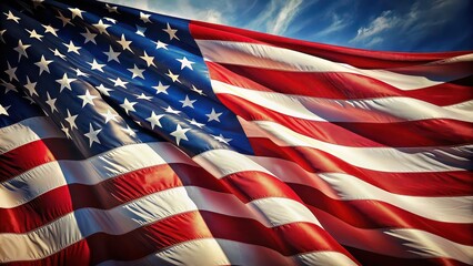 Close up of an American flag waving in the wind, patriotic, stars and stripes, United States, national symbol