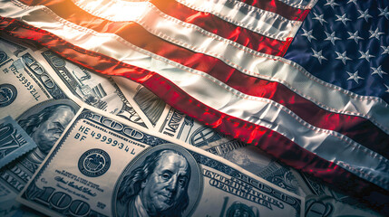 American flag covering dollars, money concept, financial crisis, parents in crisis, stock market.