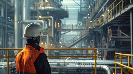 An industrial worker in a safety vest and helmet supervises the operations in a large, complex manufacturing plant