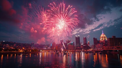 A powerful scene of fireworks over a cityscape, highlighting landmarks of American independence and social justice movements