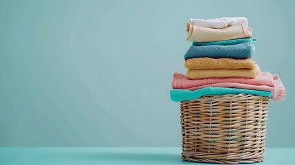 Stack of clean clothes and wicker basket with clean laundry isolated on a blue background