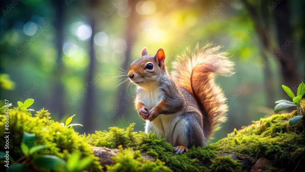 Sticker A cute squirrel in a lush forest setting, squirrel, forest, woodland, nature, wildlife, animal, fluffy, trees, green, outdoor, small