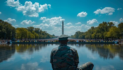 Obraz premium A solemn remembrance ceremony for the sacrifices made for freedom and civil rights, with a backdrop of national landmarks