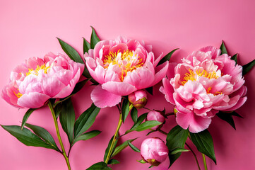 Naklejka premium Vibrant Pink Peonies on a Pastel Pink Background. Fresh and Elegant Floral Design