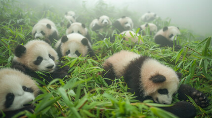 Fototapeta premium Group of Giant Pandas Close-Up on Green Grass
