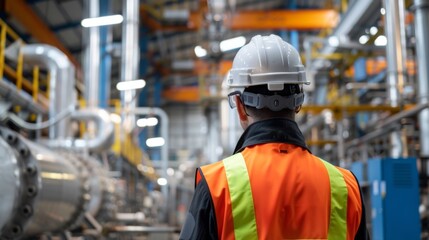 An industrial worker in a safety vest and helmet supervises the operations in a large, complex manufacturing plant