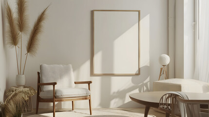 Scandinavian simple interior design living room, dining room with empty poster mockup on the wall