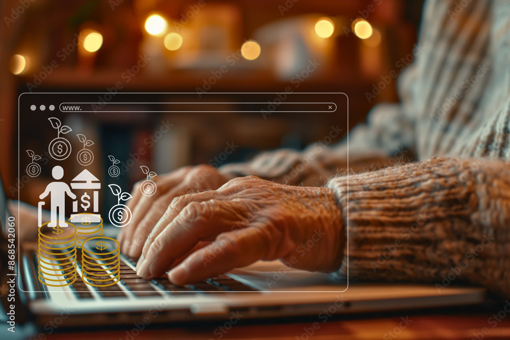 Poster an elderly typing on a laptop with a screen showing a stack of money. concept of managing money. che