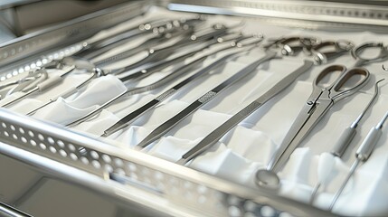 A sterile medical tray with scalpels, forceps, and other surgical instruments