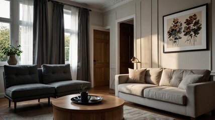 Interior of light living room with grey sofas, coffee table and large window