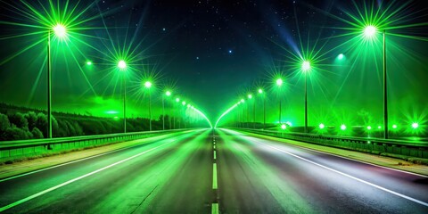 Vibrant of a night road illuminated by bright green lights , ,night, road, vibrant, green, light, illuminated, bright, street, dark