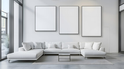 Modern interior design living room, dining room with empty poster mockup on the wall