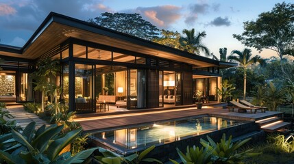Obraz premium luxury resort villa with exterior cladding of tropical hardwood, blending seamlessly with the lush surroundings