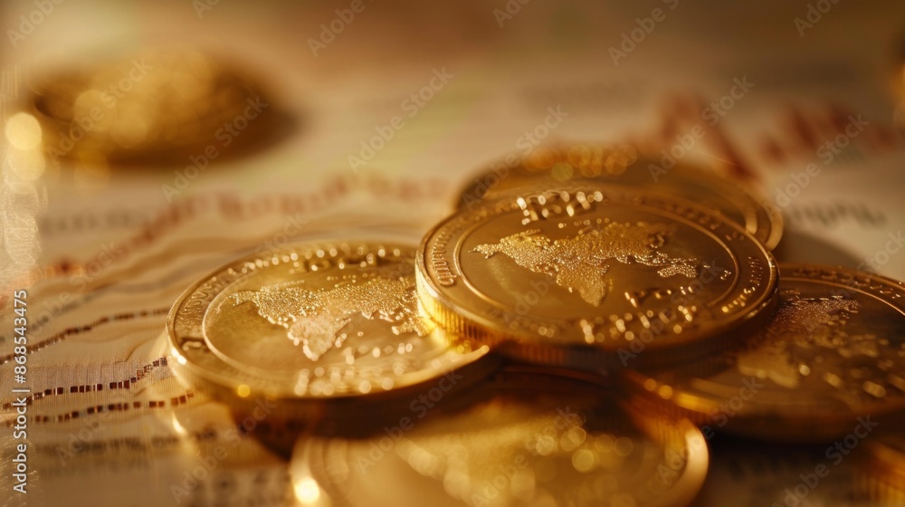 Aufkleber A close-up of a gold coin collection with a chart in the background showing historical gold price performance.