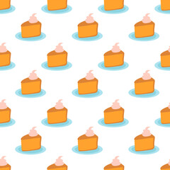 Autumn Food Seamless Pattern. Slice of pumpkin pie with whipped cream on the plate. Flat vector illustration.