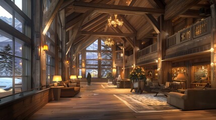 Fototapeta premium luxury ski resort with wooden cladding and a cozy, welcoming lobby