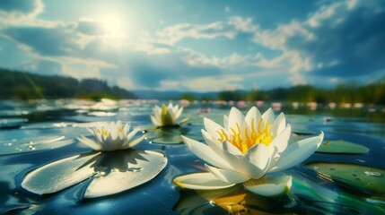 Beautiful white and yellow water lily flowers on the lake at summer day with sun