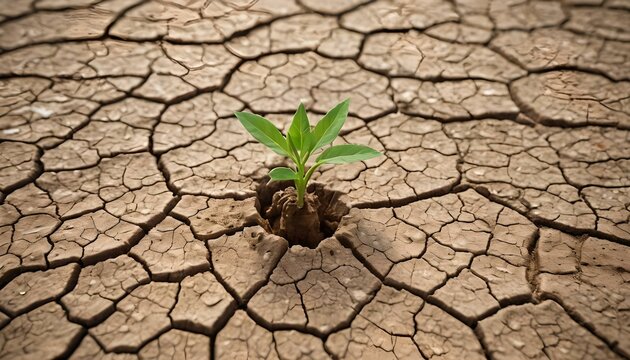Concetto di cambiamento climatico e desertificazione, riscaldamento globale, resilienza di giovane piantina che cresce in un suolo secco ed arido