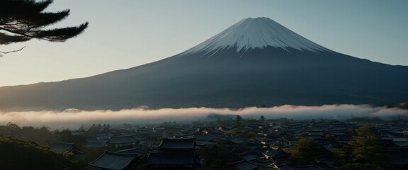 Fuji mountain japan landscape Tranquil sunrise over Mount mist c