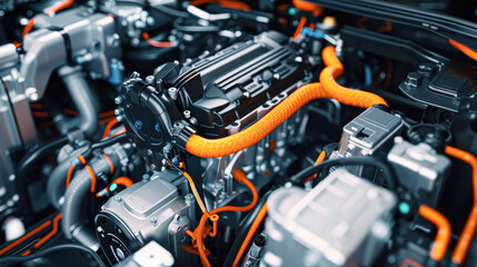 Fototapeta premium A close up of a car engine with orange wires