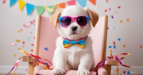 A puppy celebrating a birthday wearing colorful sunglasses and a party streamers