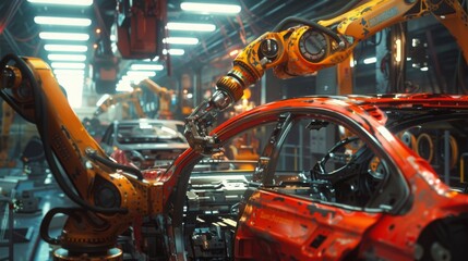 Robotic arms assembling cars on a production line in a factory. Industrial automation concept. Close-up shot.