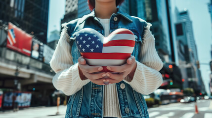 Obraz premium A young woman in a denim jacket holds an American flag and heart in her hands. Focus on the hands and the US flag. Celebration concept for Independence Day, 4th of July, elections, voting.