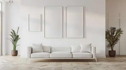 Modern interior design living room, dining room with empty poster mockup on the wall