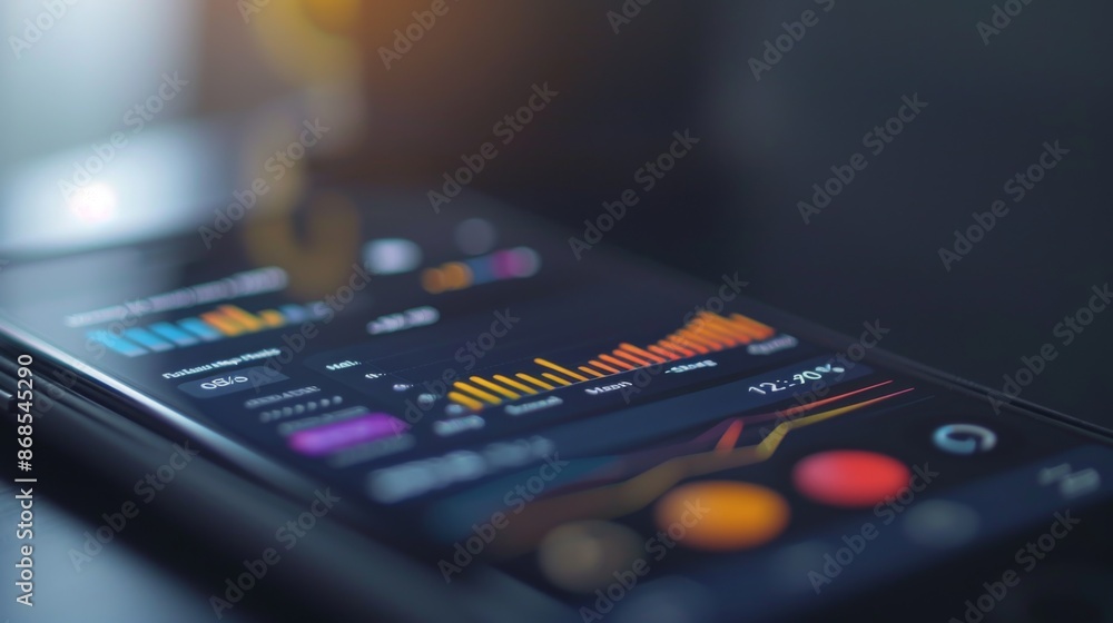 Poster a close-up of a smartphone screen showing a financial app with graphs tracking investment performanc