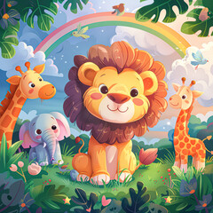 Naklejka premium Adventures in the Wild: Cute Cartoon Lion with Elephant, Giraffe, and Bird in Vibrant