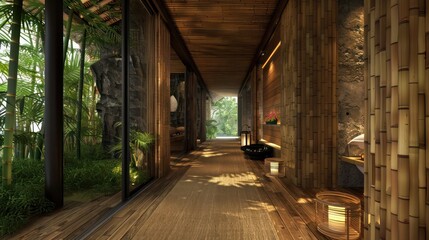 Fototapeta premium luxury spa retreat with corridors lined in bamboo wood cladding, providing a tranquil, eco-friendly environment