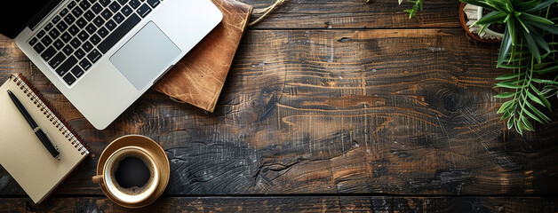 Top view flat lay photo banner mockup of office working desk with laptop computer note book and pens with space for text editing in rustic wooden table top background    