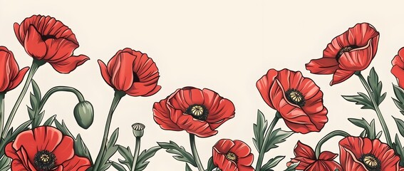 Memorial Day Doodle Page Print Border Design with Poppy Floral Motif