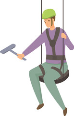 Person is working at height in a safety harness and holding a squeegee