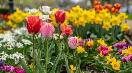 A close-up of colorful flower beds with blooming tulips and daffodils, adding beauty and fragrance to a public park landscape.