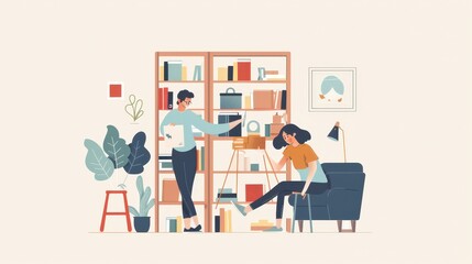 Couple building a DIY bookshelf in their new apartment, working as a team and enjoying the process of creating something together