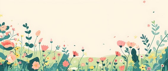 FlowerFilled Meadow Field with Cartoonish Border and Blank Space for Mock Up Message