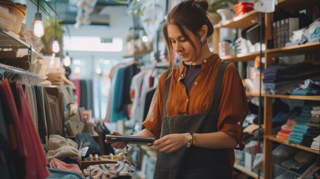 Business owner counting stock in a stylish boutique, using a handheld scanner to update inventory and prepare for a busy shopping season