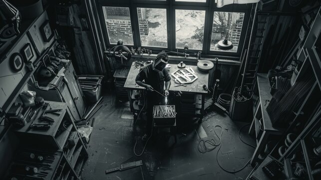Welder working in a cluttered workshop. Industrial welding and craftsmanship concept. Aerial view.